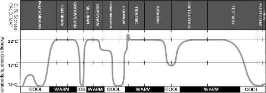 La tendencia general de las temperaturas globales promedio desde el Precmbrico, cuando evolucionaron por primera vez los organismos multicelulares, hasta el presente. Ntese que las temperaturas globales promedio varan en aproximadamente 10 grados centgrados entre los perodos clidos y fros.
Imagen cortesa Dr. Chris Scotese
