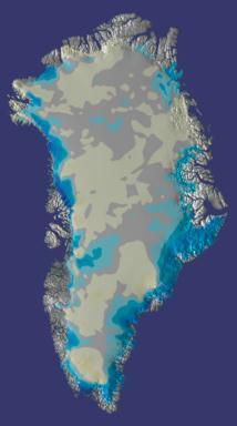 Un mapa de Groenlandia que muestra los cambios en la elevacin de la superficie medida por el equipo de Krabill. El gris indica que no hubo cambios, el blanco indica un incremento en el grosor y las tonalidades de azul indican una disminucin del grosor, con los tonos ms oscuros denotando un adelgazamiento mayor. <A HREF=http://svs.gsfc.nasa.gov/imagewall/greenland.html>[ms imgenes]</A>