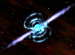 Esta imagen viene de una animación que ilustra cómo las estrellas de neutrones en nuestra galaxia podrían ser una fuente de misteriosa radiación de rayos gamma cerca del plano galáctico. Para ver la película QuickTime (2.2 MB), haga clic <A HREF= http://pao.gsfc.nasa.gov/gsfc/spacesci/cgro/PulsarQTappleCinepak.mov target=_blank>aquí</A>.