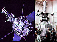 Los ingenieros de Lockheed situados cerca de un modelo de ingeniería a escala real de la GP-B (a la derecha de la imagen) dan una idea del tamaño de una nave y una misión centrados en cuatro bolas de cuarzo de 3.8 centímetros (1.5 pulgadas) de diámetro. Crédito: Stanford