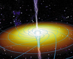 Una representación del arrastre referencial alrededor de un agujero negro. Credito: Joe Bergeron y Sky & Telescope