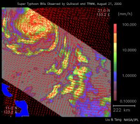 Una imagen del Tifón Bilis, que recientemente golpeó Taiwan y China, combinando los datos de viento de QuikScat y datos de precipitaciones de TRMM. El color de fondo representa niveles de precipitaciones, y las flechas rojas indican velocidad y dirección del viento. Una imagen como esta provee una vista útil del tifón para los científicos. Cortesía JPL.
