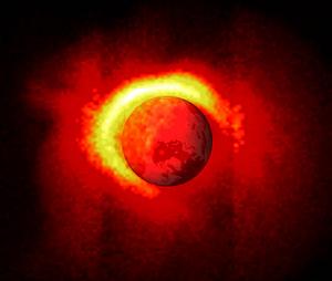 Esta imagen, tomada por la Cámara de Extremo Ultravioleta del IMAGE, muestra radiación solar ultravioleta dispersada por el helio ionizado en la atmósfera extendida de la Tierra. El helio ionizado envuelve de 2 a 3 veces el tamaño de la Tierra. Las irregularidades en el borde de la imagen (arriba izquierda) indican actividad la actividad de una tormenta magnética. Esta es la primera vez que tales características han sido retratadas. Esta es una imagen tomada de una secuencia, la cual está disponible como <A HREF=http://science.nasa.gov/headlines/images/image1stlight/plasmasphere_earth.mov target=_blank> película 1.6 Mb Quicktime</A>