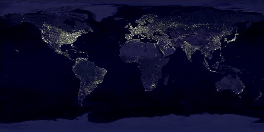 Un mapa de las luces nocturnas construido por imgenes captadas por el Programa del Satlite de Defensa Meteorolgica de Operational Linescan Systems. Mi compaero con los datos del DMSP es el Dr. Christopher Elvidge de Centro Nacional de Datos Geofsicos NOAA, dice Imhoff.