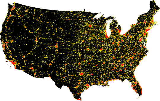 Mapa de urbanizacin de los Estados Unidos derivado de los datos de luces. Las reas urbanas estn coloreadas en rojo, mientras que las peri-urbanas estn coloreadas en amarillo. Esta imagen de Norte Amrica fue creada por Flashback Imaging Corporation bajo contrato con NOAA y NASA.