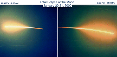 Esta inusual imagen es una composición del eclipse lunar del 20 de enero con una exposición de 2,5 horas y 2 horas usando una cámara 1995 Rolleifelx Twins Lens Reflex 120. Doug Murray, un lector de Science@NASA, capturó estas imágenes desde su patio delantero en Palm Beach Gardens, Florida. La rotación terrestre causó que la Luna y las estrellas apareciesen como rallas durante las dos exposiciones. En cuanto la sombra de la Tierra engulle la Luna, la ralla lunar se torna menos brillante, casi desapareciendo durante la totalidad. En este momento, la Luna, la cual normalmente deslumbra por la luz solar reflejada directamente, deslumbró únicamente por la luz solar refractada por la atmósfera de la Tierra.