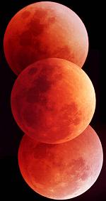 Estas imgenes superpuestas digitalmente fueron tomadas por Stephen Barnes durante el eclipse Lunar del 20 de enero de 2000. Hay tres exposiciones: una justo cuando la Luna entra en la sombra terrestre (arriba), una vez que la Luna est cerca del centro de la sombra, y una vez que la Luna ya ha salido (centro).[<A HREF= http://antwrp.gsfc.nasa.gov/apod/ap000125.html target=_blank>Ms informacin</A>]