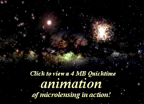 <A HREF= http://science.nasa.gov/headlines/images/m22/video/v0120a.movtarget=_blank>Esta pelcula</A> de G. Bacon (STScI) empieza fuera de un cmulo globular estelar, con el centro de la Va Lctea a lo lejos. La cmara vuela  a travs del cmulo,  hace una pausa como un objeto oscuro en el cmulo,  pasa delante de una estrella distante. La gravedad del objeto en primer plano curva la luz desde la estrella de fondo y causa un momentneo destello. <A HREF= http://oposite.stsci.edu/pubinfo/PR/2001/20/animation.html target=_blank>[ms animaciones]</A>