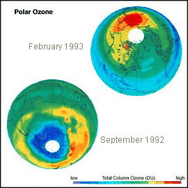 Imágenes tomadas desde un satélite de la NASA mostrando los niveles de ozono sobre el ártico (arriba) y el antártico (abajo) en momentos similares de las estaciones en cada hemisferio. Azul indica bajos niveles de ozono y rojo altos. Nótese el gran agujero sobre el antártico y la ausencia de un agujero distinguible sobre el ártico.