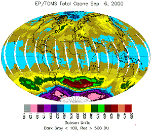 Los lectores pueden monitorizar las concentraciones de ozono por s mismos gracias a los mapas globales en tiempo casi real publicados en el sitio web Total Ozone Mapping Spectrometer de la NASA (Espectrmetro de Mapeado de Ozono Global). En este mapa, terminado el da 6 de Septiembre de 2000, el agujero de ozono de la Antrtida destaca como una regin prpura rodeando al Polo Sur. La columna de densidad de ozono, expresada en unidades Dobson (DU), sobre cualquier punto del mapa se representa por su color. El color gris oscuro denota bajas concentraciones y el color rojo representa altas concentraciones. <A HREF= http://toms.gsfc.nasa.gov/datainfo/details_oz.html>[Ms informacin sobre esta imagen.]</A>