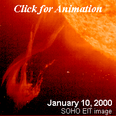 Una imagen de Enero 10, del 2000 del SOHO EIT mostrando una prominencia eruptiva en el Sol. <A HREF= http://science.nasa.gov/headlines/images/prominence/prominence_10jan00.mov target=_Blank>Clic para una animacin de esta erupcin.</A>