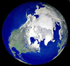 Una vista global del Océano Ártico. Usando un radar avanzado que ve a través de cualquier condición meteorológica, los investigadores están ahora capacitados para determinar como el calentamiento de la Tierra puede estar cambiando la cubierta de hielo marina del Ártico. El hielo marino en la región polar es un importante indicador de las condiciones climáticas globales. Crédito: NASA/JPL.