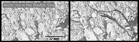 Estas dos imágenes de radar de hielo cubriendo un área de 96 x 128 km del Mar de Baufort, al Norte de la costa de Alaska, fueron tomadas con nueve días de separación. Los elementos más brillantes son hielos más viejos y gruesos y las áreas oscuras muestran jóvenes, hielos recientemente formados. La imagen más nueva está mostrada en la izquierda. En el lapso de nueve días, se han formado grandes y extensas grietas en la capa de hielo como resultado del movimiento del mismo.