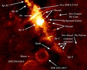 Esta bella imagen de radio de alta resolucin cubre una regin de 4x4 grados alrededor del centro galctico. Fue construida a partir de datos radio con una longitud de onda de un metro por la Gran Formacin de Telescopios (VLA) cerca de Socorro, Nuevo Mjico, EEUU. El centro galctico est en el borde de un objeto extremadamente brillante llamado Sagitario A, sospechoso de albergar un agujero negro de un milln la masa solar.[Agrandar Imagen]