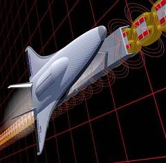 Modelo computerizado de un vehculo de lanzamiento maglev -- o magnticamente elevado --. Las tecnologas Maglev son esenciales para los futuros ascensores espaciales. <A HREF= http://kids.msfc.nasa.gov/News/1999/News-MagLev.asp target=_blank>[ms informacin]</A>   