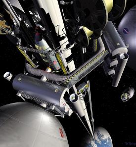 El concepto de un ascensor espacial del artista Pat Rawling visto desde la estacin de traslado geoestacionaria, mirando a lo largo del ascensor hacia la Tierra.] <A HREF= http://flightprojects.msfc.nasa.gov/fd02_elev.html target=_blank>[ms informacin]</A>  