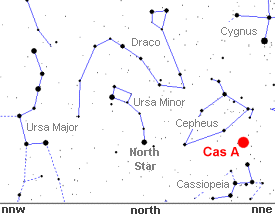 Casiopea A es demasiado tenue como para ser vista por el ojo desnudo, pero resulta fcil ver el remanente en el cielo del verano boreal. Simplemente, hay que salir luego de la puesta del sol y mirar hacia unos 45 sobre el horizonte nor-nordeste entre las constelaciones de Cefeo y Casiopea.