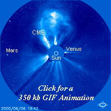 Esta animación de <A HREF= http://science.nasa.gov/headlines/images/stormwarning/fullhalo_c3_big.gif target=_blank>350 kb</A> muestra una eyección de masa coronal procedente del Sol el día 6 de junio de 2000. El disco de color azul oscuro situado en el medio bloquea la intensa luz del Sol con el fin de revelar la pálida corona, así como las estrellas y los planetas del fondo.El círculo blanco muestra el verdadero tamaño del Sol. Estas imágenes fueron tomadas por el extenso campo coronógrafo a bordo de la nave SOHO, Solar and Heliospheric Observatory (Observatorio Solar y Heliosférico) de las ESA/NASA (AEE/NASA)
