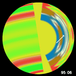 Haga clic en el corte de la imagen para una <A HREF= http://science.nasa.gov/headlines/images/sunbeat/kta.mpg target=_blank>animación de 3 MB MPG</A>, que muestra cómo la proporción de la rotación solar varía en el tiempo bajo la superficie de nuestra estrella. Los tonos marrón claro indican la rotación rápida, los tonos azules la rotación lenta, y los blancos la intermedia (Imagen por cortesía del NSF del Observatorio Solar Nacional)