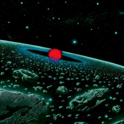En esta interpretación artística, la anciana estrella IRC+10216 vaporiza un cinturón de objetos cometarios en su cercanía. Imagen cortesía del Observatorio Astrofísico Smithsoniano.