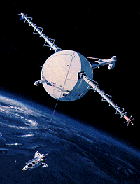 Esta concepción artística muestra un satélite unido al trasbordador espacial mediante una correa conductora. Aprende más acerca de correas desde NASA despegue.