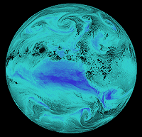 Agua, agua por todos lados; pero adnde va a parar?. Esta imagen infrarroja de la Tierra del satlite GOES 8 muestra el vapor de agua en la atmsfera. La prediccin de dnde ir a caer con das de anticipacin es un reto para los investigadores meteorolgicos.
Crdito por la Imagen: NASA/Centro Goddard de Vuelo Espacial
