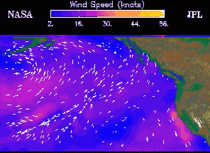 Vectores de vientos de la superficie marina del Pacfico obtenidos por el satlite QuikScat de la NASA el 13 de junio de 2000. QuikScat utiliza un radar de microondas para medir la velocidad y la direccin del viento justo sobre la superficie del agua. Un satlite lidar con base en el espacio podra complementar los datos de la superficie marina midiendo a los vientos a travs de una atmsfera de aire claro, incluyendo a los vientos en altitudes donde vuelan los aviones.
Crdito por la Imagen: Seawinds on QuikScat Daily Wind Report, de JPL