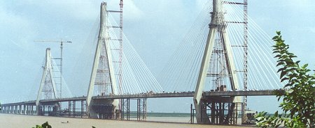 El Puente del Lago Dong Ting en China está equipado con aislantes de movimiento magnetoreológicos para contrarrestar rachas de viento. Imagen cortesía de: <A HREF= http://www.lordcorp.com/news/2002/lord_corporation_supplies_320_mr_fluid_dampers_for_cable-stayed_bridge_retrofit_to_control_wind_vibration.htm target=_blank>Lord Corporation.</A>