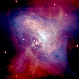 Una imagen combinada (Hubble + Chandra) de las regiones internas de la nebulosa del Cangrejo. <A HREF= http://chandra.harvard.edu/photo/2002/0052/more.html target=_blank>[ms]</A>.