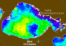 Un mapa coloreado del lago Portchartrain, el agua turbia es representada por cuadrados rojos y el agua limpia por cuadrados azules. <A HREF= http://pubs.usgs.gov/of/of98-805/html/signell6.htm target=_blank>[ms]</A>