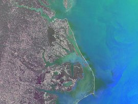 Una delgada lnea de tierra, separa Pamlico Sound en Carolina del Norte del Ocano Atlntico. Esta rea es vital para la pesca y la calidad del agua. Crditos: Terra/MISR <A HREF= http://visibleearth.nasa.gov/cgi-bin/viewrecord?9943 target=_blank>[ms]</A>