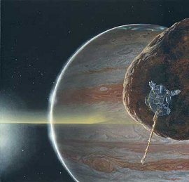 Una visin artstica de la Galileo, Amaltea, y los anillos de Jpiter. <A HREF= http://www.jpl.nasa.gov/galileo/news/release/press021029.html target=_blank>[ms]</A>