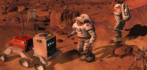 Un concepto artstico de humanos y robots exploradores trabajando juntos en Marte. Creditos: John Frassanito & Associates.