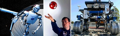 (izquierda) Un concepto artstico de un Robonauta trabajando fuera de una nave espacial. (centro) Yuri Gawdiak del Ames de NASA y su Asistente Personal Satelital (derecha). El vehculo  rover - inteligente K9 durante pruebas de campo en Ames de NASA.
