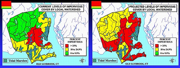 Este mapa NAUTILIUS de Old Saybrook, Connecticut, tiene un código de colores que muestra el porcentaje de terreno ocupado por superficies impermeables (como es el pavimento y los techos) actualmente (izquierda) y en el futuro (derecha) si se desarrollan completamente los patrones edilicios actuales. Distintas investigaciones demostraron que más del 25% de la superficie impermeable (en rojo) en un área perjudica en forma significativa las vías fluviales locales.