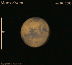 Frank Reddy, autor de Celestial Delights, creó esta animación mostrando como Marte se dilataría en tamaño entre junio y agosto del 2003. Haz clic <A HREF= http://science.nasa.gov/headlines/y2003/images/approachingmars/ReddyMovie_big.qt>aquí</A> para ver la película completa a lo largo del 2003.