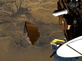 Beagle 2, con forma de platillo, se desprende de su nave nodriza en su camino hacia el aterrizaje en Marte. Crédito de la imagen: Beagle 2, todos los derechos reservados.