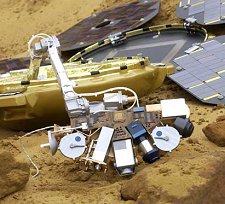 El brazo robótico de la Beagle 2 cargado de instrumentos. Crédito de la imagen: Beagle 2, todos los derechos reservados