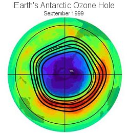 Agujero en la capa de ozono en el polo sur de la Tierra. <A HREF= http://www.gsfc.nasa.gov/topstory/20021206ozonehole.html target=_blank>[ms]</A>
