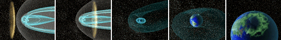 Fotogramas de una película digital de una CME golpeando el campo magnético de la Tierra y produciendo auroras. <A HREF= http://science.nasa.gov/headlines/images/auroraseason/cme_and_aurora.mov target=_blank>Click</A> para ver entera la animación Quicktime de 750 kb creada por Digital Radiance, Inc .