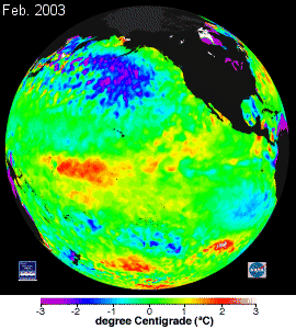 Este mapa de temperatura de superficie marina de Feb. 2003 muestra aguas más frías emergiendo cerca de la costa de América del Sur. ¿Un signo distintivo de “La Niña”? Bill Patzert lo piensa.