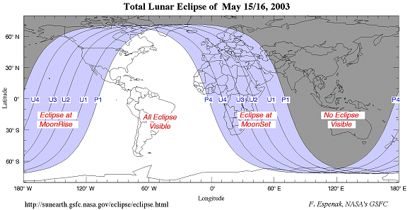 Mayo 15/16, 2003, mapa de visibilidad del eclipse lunar. <A HREF= http://sunearth.gsfc.nasa.gov/eclipse/extra/TLE2003May15.html target=_blank>[ms]</A>
