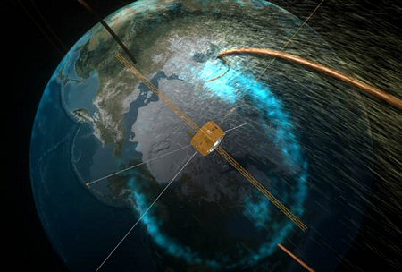 Representacin artstica del satlite IMAGE de la NASA sobrevolando una grieta en el campo magntico de la Tierra. <A HREF= http://www.gsfc.nasa.gov/topstory/2003/1203image_cluster.html target=_blank>[ms]</A>
