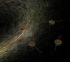 Representacin artstica del grupo de cuatro satlites cerca de un chorro de iones solares que se filtran en una grieta en la magnetosfera. <A HREF= http://www.gsfc.nasa.gov/topstory/2003/1203image_cluster.html target=_blank>[ms]</A>
