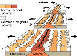 Las varas magnticas en los alrededores de las crestas centro-ocenicas revelan la historia del campo magntico de la Tierra desde hace millones de aos. El estudio del pasado magntico de la Tierra recibe el nombre de paleo-magnetismo. Crdito de la imagen: USGS. <A HREF= http://www.phy6.org/earthmag/reversal.htm>[ms]</A> 