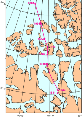 El movimiento del polo norte Magntico de la Tierra a travs del rtico canadiense desde 1831 hasta el 2001. Crdito: Geological Survey de Canad. <A HREF= http://www.geolab.nrcan.gc.ca/geomag/long_mvt_nmp_e.shtml>[ms]</A>