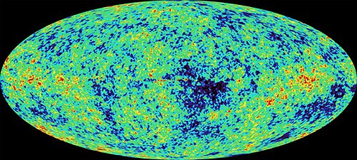 Un mapa completo del cielo de la luz ms vieja del universo. Los colores indican puntos ms calientes (rojo) y  puntos  ms fros (azul). La forma de valo es una proyeccin para exhibir el cielo completo; similar a la forma en que el globo terrestre  puede ser representado como un valo. Crditos: equipo de ciencia de  NASA/WMAP <A HREF= http://map.gsfc.nasa.gov/m_mm/mr_whatsthat.html target=_blank>[ms]</A>.