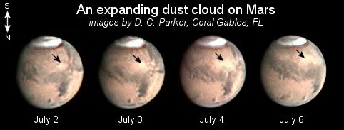 Estas imágenes de Marte tomadas entre el 2 y el 6 de julio fueron capturadas por Donald Parker de Coral Gables, Florida, utilizando un telescopio de 16 pulgadas. Las flechas negras indican el crecimiento de la nube. Más imágenes: Julio <A HREF= http://science.nasa.gov/spaceweather/swpod2003/04jul03/parker_01jul03.jpg target=_blank>1</A>,<A HREF= http://science.nasa.gov/spaceweather/swpod2003/04jul03/parker_02jul03.jpg target=_blank> 2</A>,<A HREF= http://science.nasa.gov/spaceweather/swpod2003/04jul03/parker_03jul03.jpg target=_blank> 3</A>,<A HREF= http://science.nasa.gov/spaceweather/swpod2003/04jul03/parker_04jul03.jpg taget=_blank> 4</A>,<A HREF= http://science.nasa.gov/spaceweather/swpod2003/04jul03/parker_06jul03.jpg target=_blank> 6</A>.