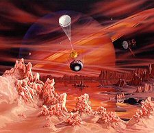 Representacin artstica de la sonda Huygens descendiendo a travs de las nubes de Titn. <A HREF= http://saturn.jpl.nasa.gov/cgibin/gs2.cgi?path=../multimedia/images/artwork/images/image8.jpg&type=image target=_blank>[ms]</A>
