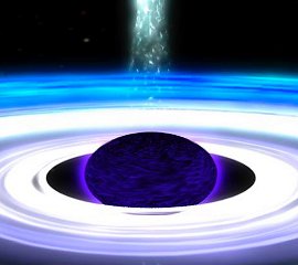 Representacin artstica de un agujero negro. El agujero no es visible por si mismo, pero el gas y el polvo que caen a su interior emiten rayos X, que es lo que los telescopios orbitales de la Tierra pueden ver. <A HREF= http://www.gsfc.nasa.gov/gsfc/spacesci/structure/spinningbh/spinningbhpix.htm target=_blank>[ms]</A>